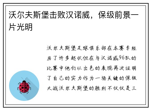 沃尔夫斯堡击败汉诺威，保级前景一片光明
