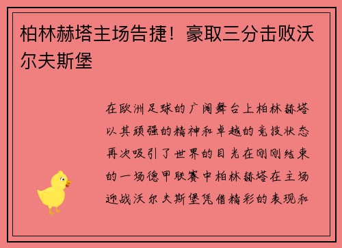 柏林赫塔主场告捷！豪取三分击败沃尔夫斯堡